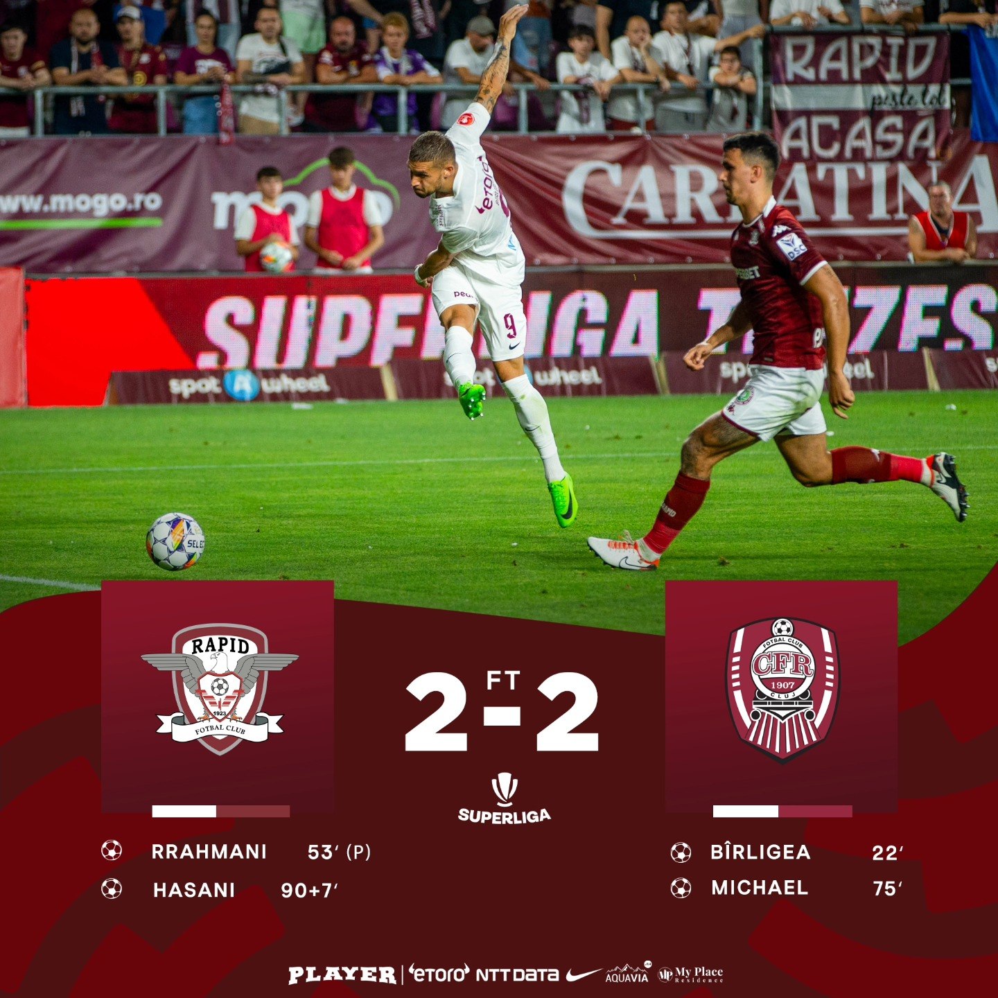 Thriller în Giulești: Rapid a smuls un punct în minutul 7 al prelungirilor în meciul cu CFR Cluj