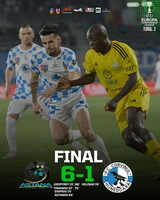 Corvinul Hunedoara, eliminată din Conference League de FC Astana, care s-a impus cu scorul de 6-1