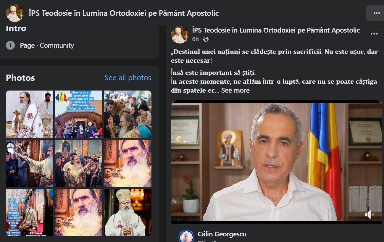 Pagina de Facebook care îl promovează pe ÎPS Teodosie și îi face campanie lui Călin Georgescu