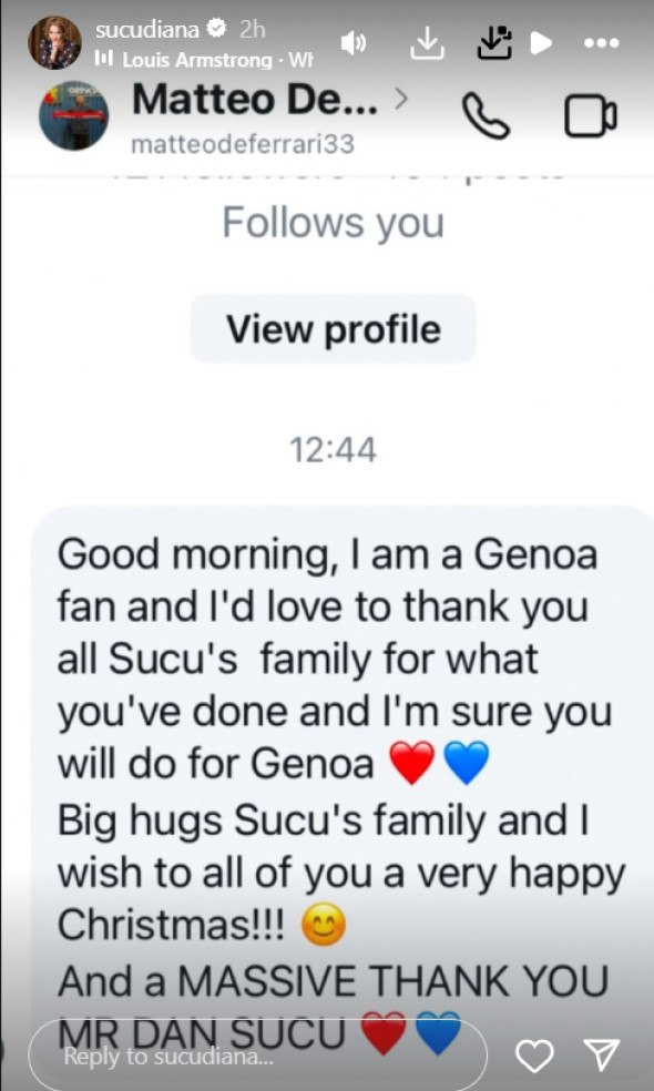 Un fan Genoa i-a scris Dianei Șucu. Mesaj emoționant primit de soția patronului, înaintea debutul în Serie A