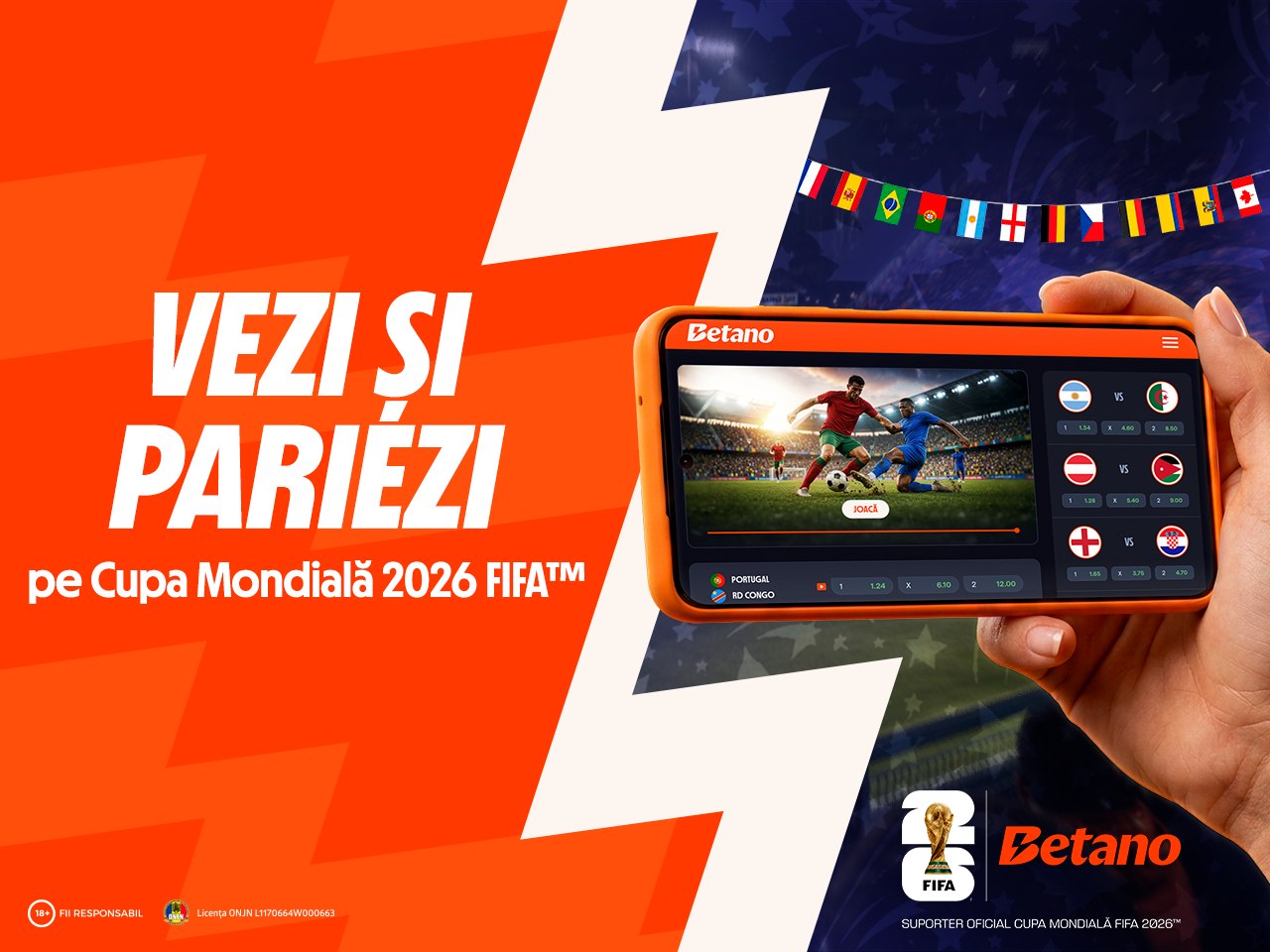 Fotbal în direct pe Betano: Cupa Mondială FIFA 2026™, livestreaming, program meciuri, statistici și pariuri live